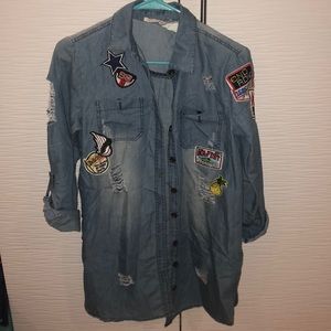 distressed denim shirt with patches